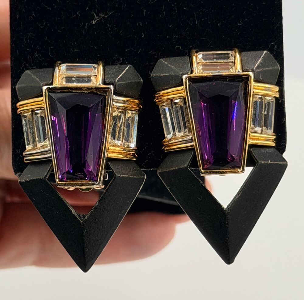 Vintage Rush-Kramer ART DECO Jeweled Rhinestone Clip-On Statement Earrings